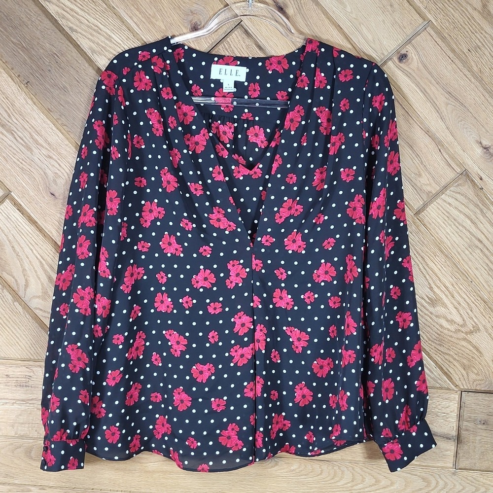 Elle Blouse Womens Large Floral Polka Dot V-Neck Long Sleeve Black Pink